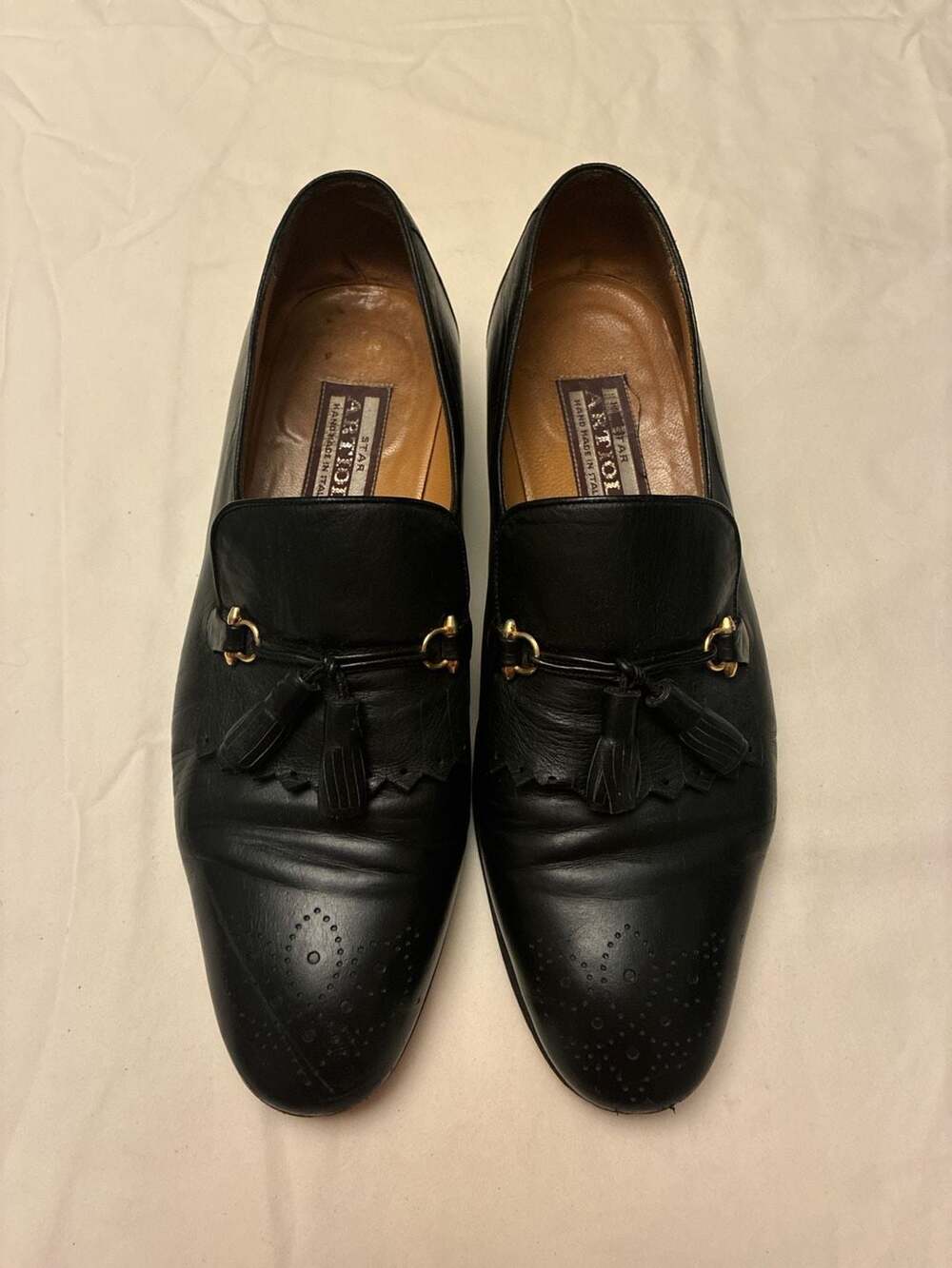 VTG Artioli Star Handmade in Italy Black Leather Tassel Horsebit Loafers with Wi